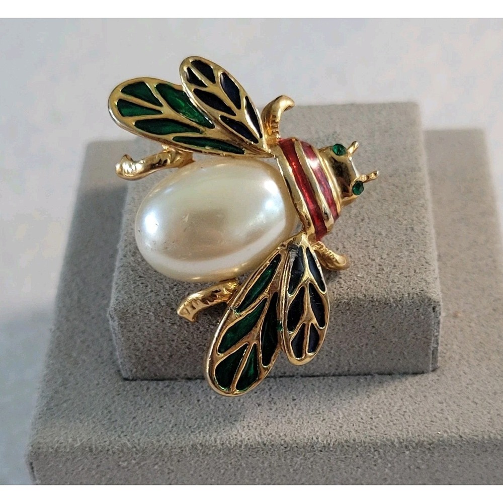 Bee Brooch Faux Pearl Enamel Gold Tone Green Red Rhinestone Insect Pin